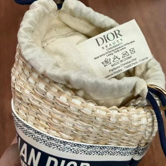 Dior Beige and Navy Woven Bucket Bag - Picture 3 of 14